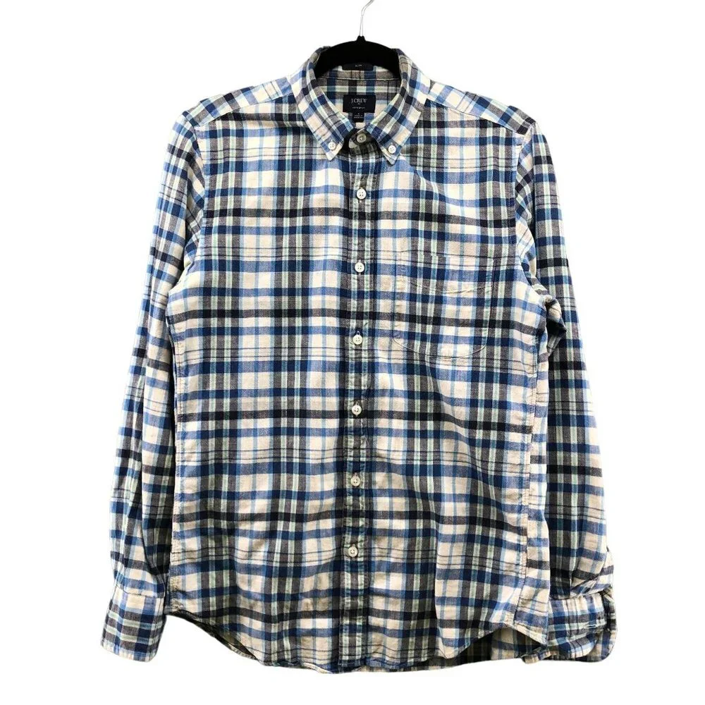 J. Crew Long Sleeve Shirt Mens S Slim Fit Blue‎ Plaid Homespun Slub Cotton